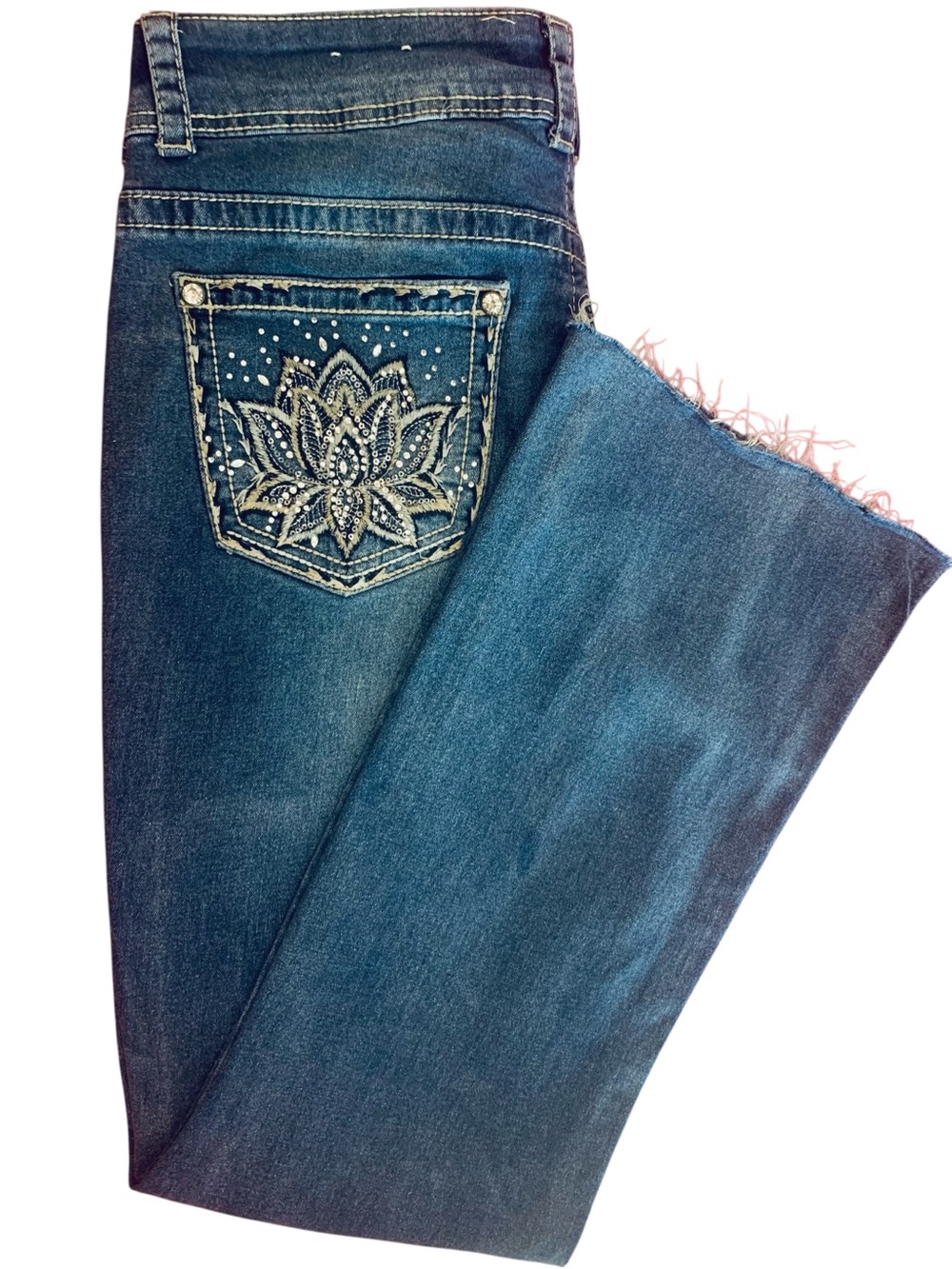 Vintage Copper Flash Curvy Bootcut Embroidered Bling Lotus Flower Pockets SZ 12 - Picture 3 of 9